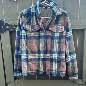 Belle by Kim Gravel Plaid Faux-Fur Puffer Jacket in Blue, Gray & Pink